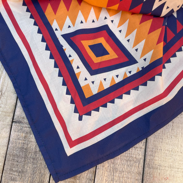 Corner of Ginew's Blue, orange, create yellow wild rag made of cotton