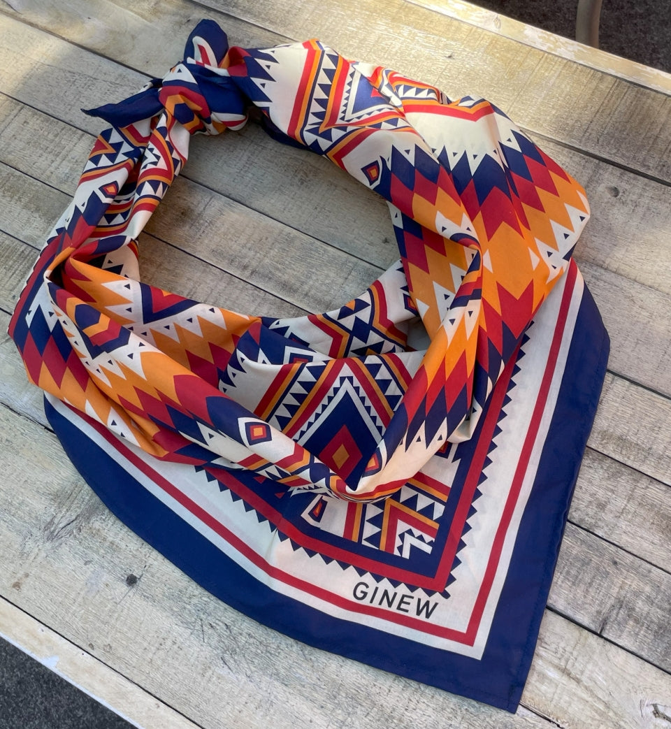 Native American Ginew's Blue, orange, create yellow wild rag made of cotton tied in bandana style