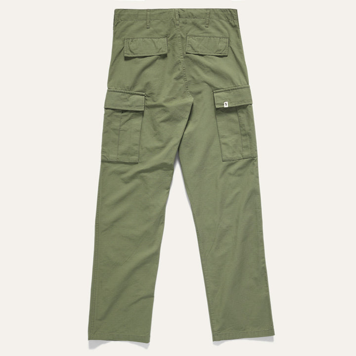 Full view of backside of Ginew Cargo Pants on neutral background.