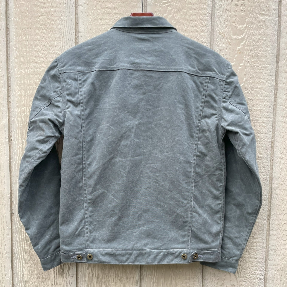 Back of Ginew's Charcoal grey rider coat 