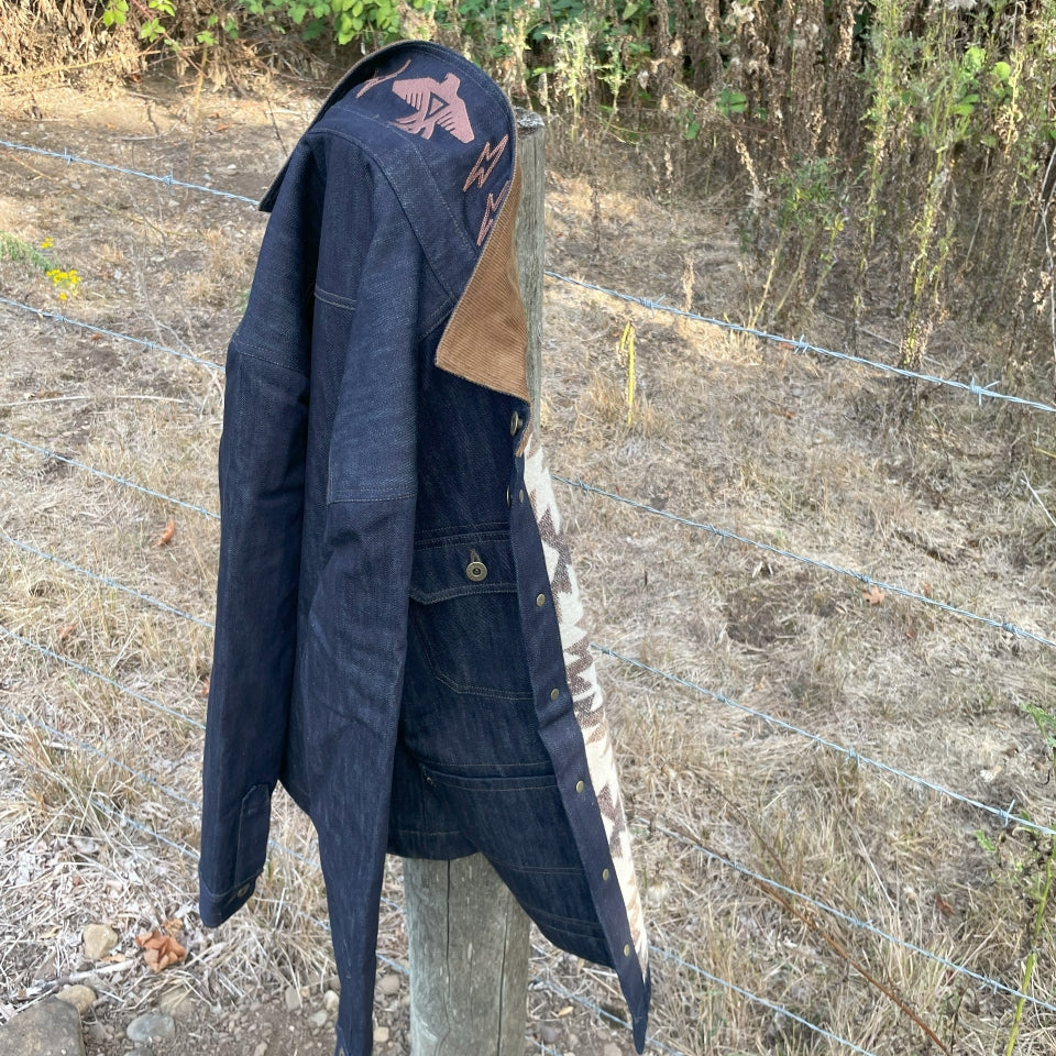 Indigo Denim Chore Barn Field oat with wool lining and Native American Thunderbird 