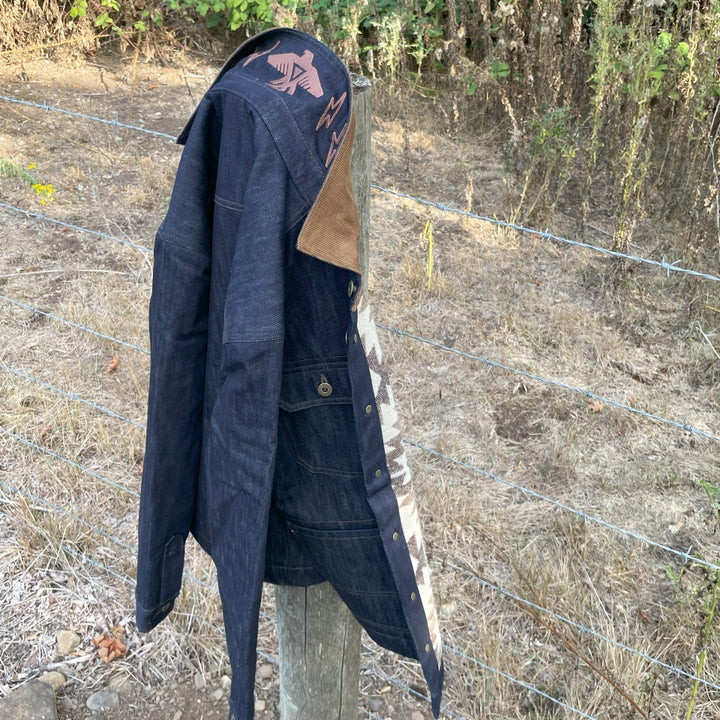 Indigo Denim Chore Barn Field oat with wool lining and Native American Thunderbird 