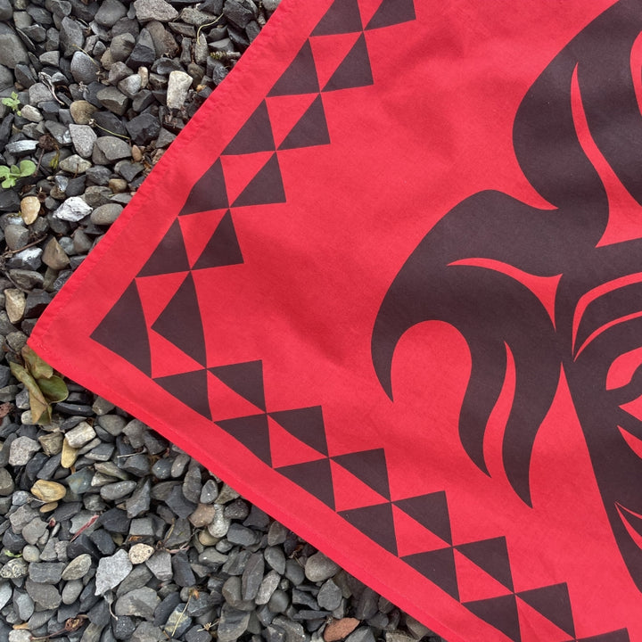 Side of Native American designed Raven bandana in cotton and made in USA by Ginew 