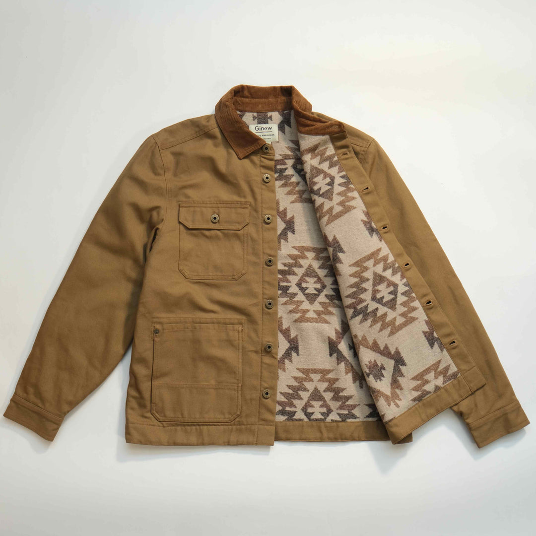 Brown jacket with patterned lining on a white background