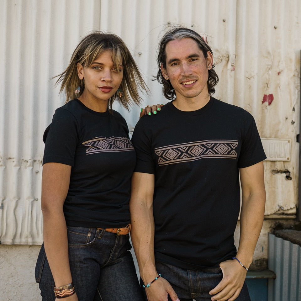 Native American designed cotton tee shirt in black and basket weave design on models