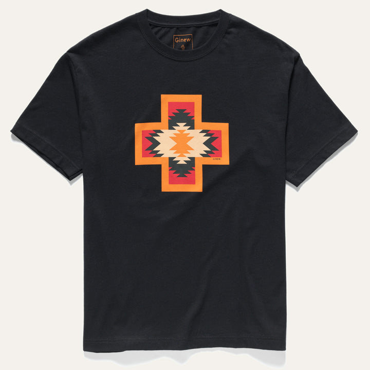 Made in USA black t-shirt with Native American Four Direction symbol on front in orange, red, tan