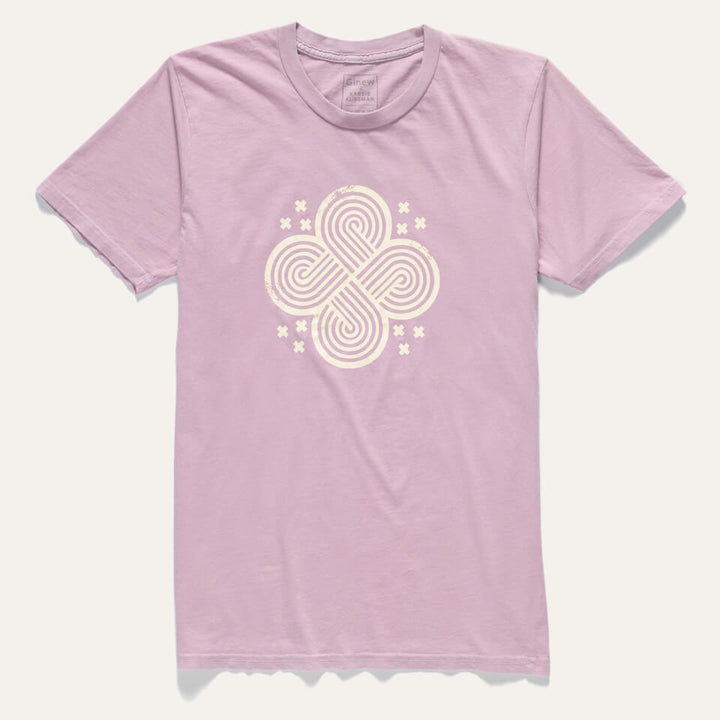Cotton t-shirt made in USA in a light purple pink t-shirt featuring a Knot graphic printed in white ink.