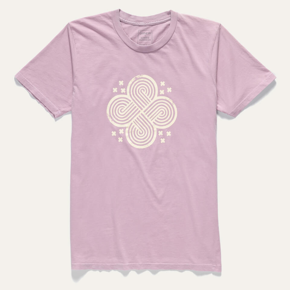 Cotton t-shirt made in USA in a light purple pink t-shirt featuring a Knot graphic printed in white ink.