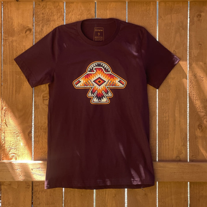 Made in USA Native American cotton Thunderbird t-shirt in dark maroon purple with orange and yellow t-bird