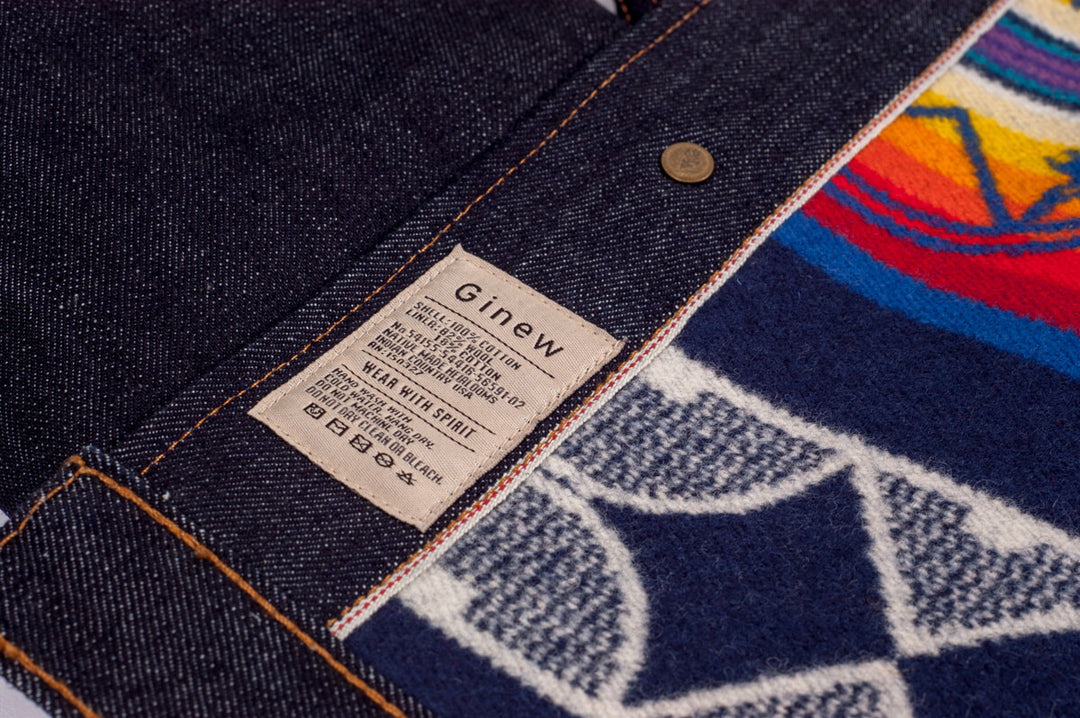 Denim jacket lined with Pendleton woven wool made in USA by Ginew a Native American Comapny