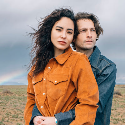 Women wearing Burnt Orange Corduroy Shirt Made in USA and Man wearing Western Snap Shirt