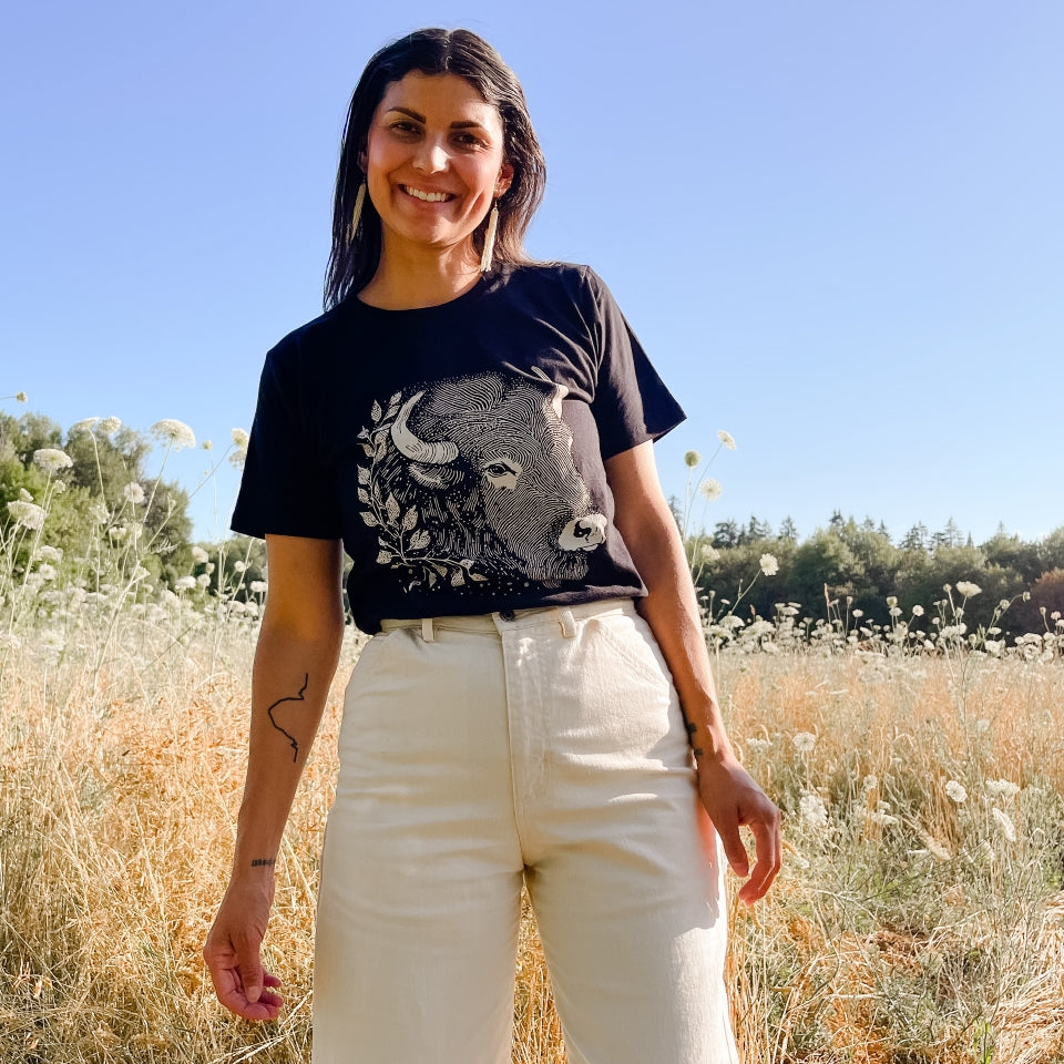 Made in USA cotton Bison t-shirt on Native American in field