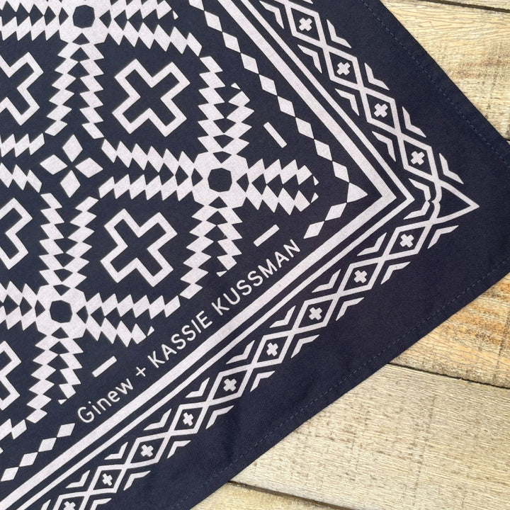 Corner of Native American Indigenous designed black and white cotton bandana by Ginew + Kassie Kussman made in USA