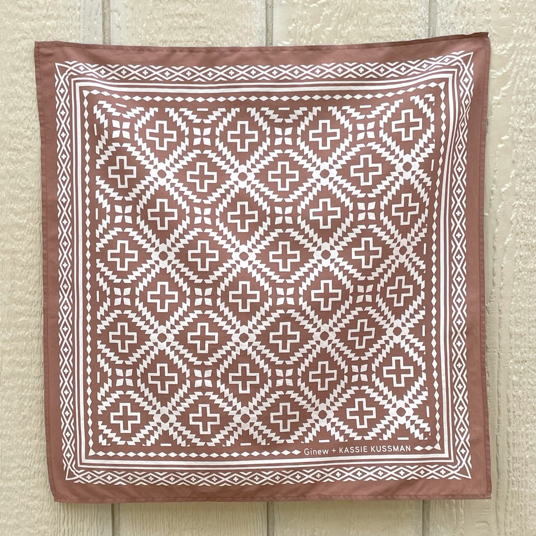 Native American Indigenous Artist designed cotton bandana in brown and natural white 