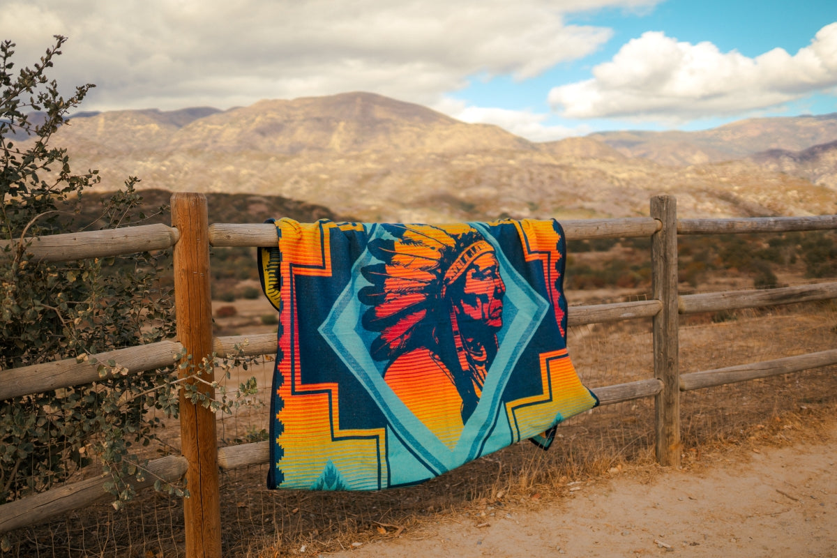 Native American Sitting Bull blanket on fence 