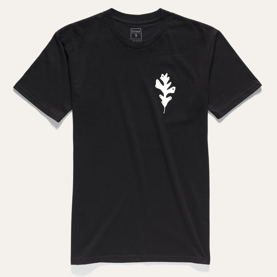 Black 100% cotton made in USA t-shirt with oak leaf in upper right
