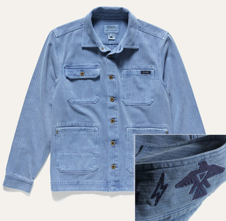 Native American Indigenous Ginew Barn Chore Coat all-cotton in Indigo with Thunderbird embroidery on collar
