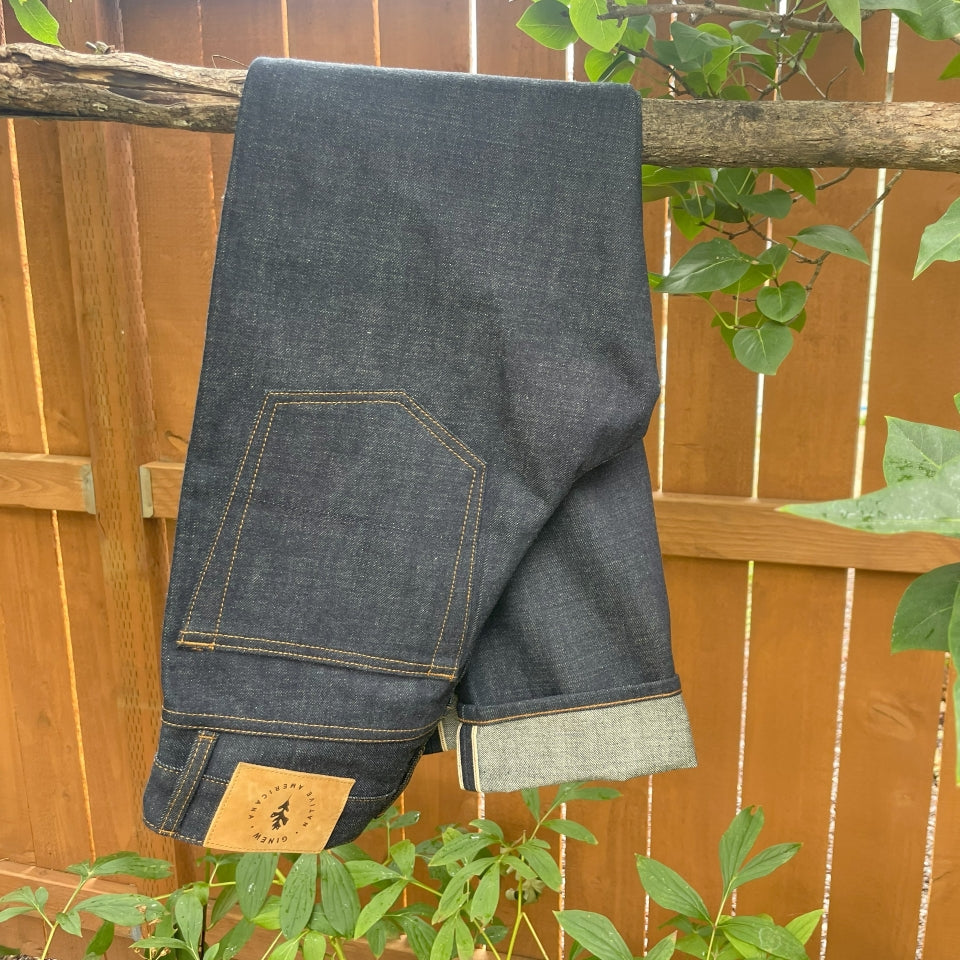 Indigo selvedge Japanese denim jeans made in USA by Native American Ginew 