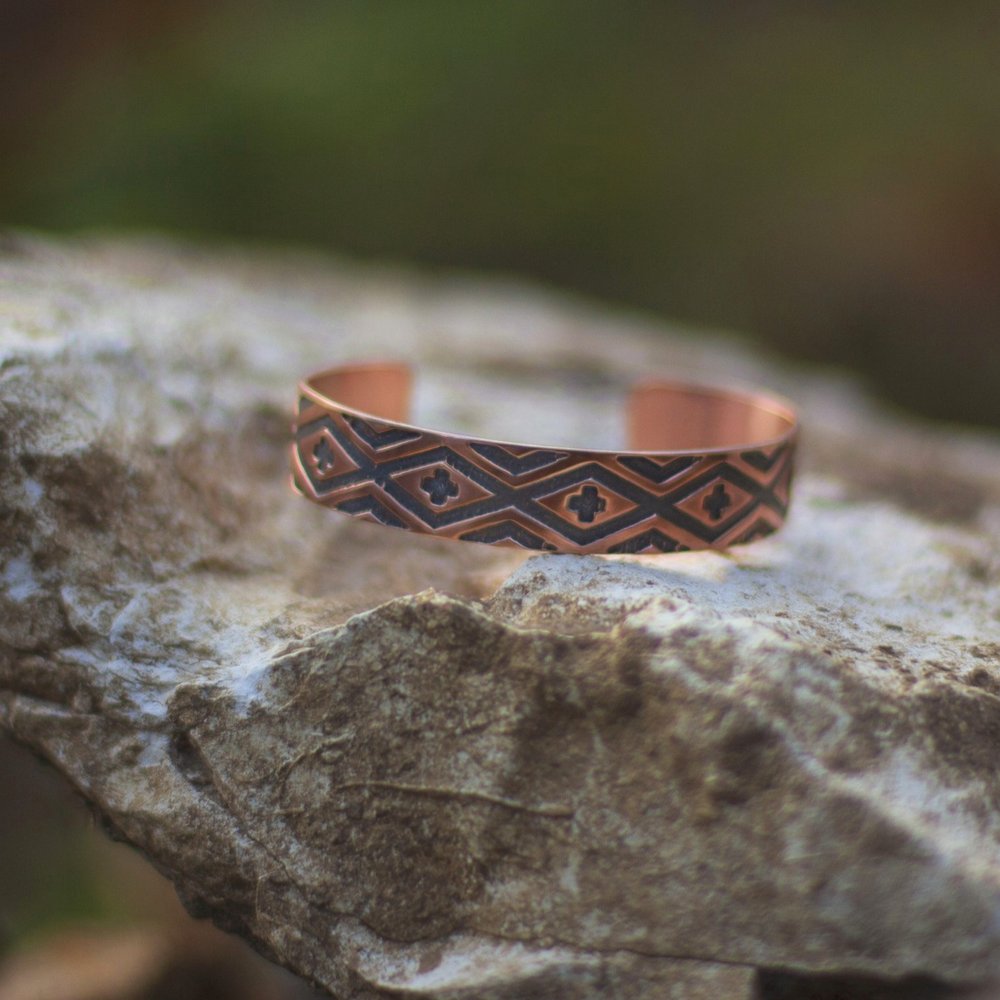 Solid copper Native American made bracelet in cross and basket weave design made by Kassie Kussman 