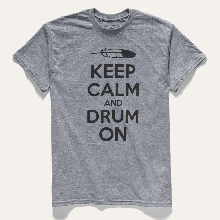 Keep Calm and Drum on t-shirt with black text on grey tee