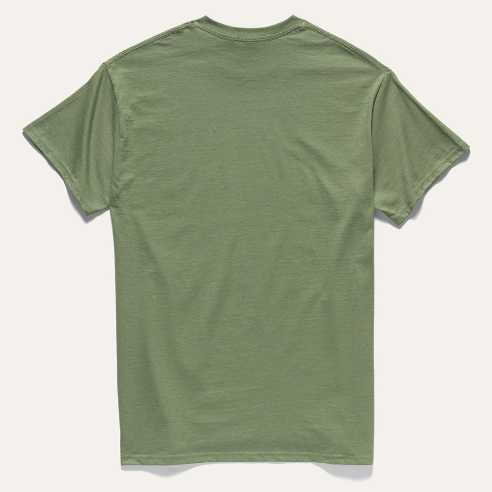 Back of Green 100% all cotton t-shirt designed by Native American Ginew with keep calm and carry on text 