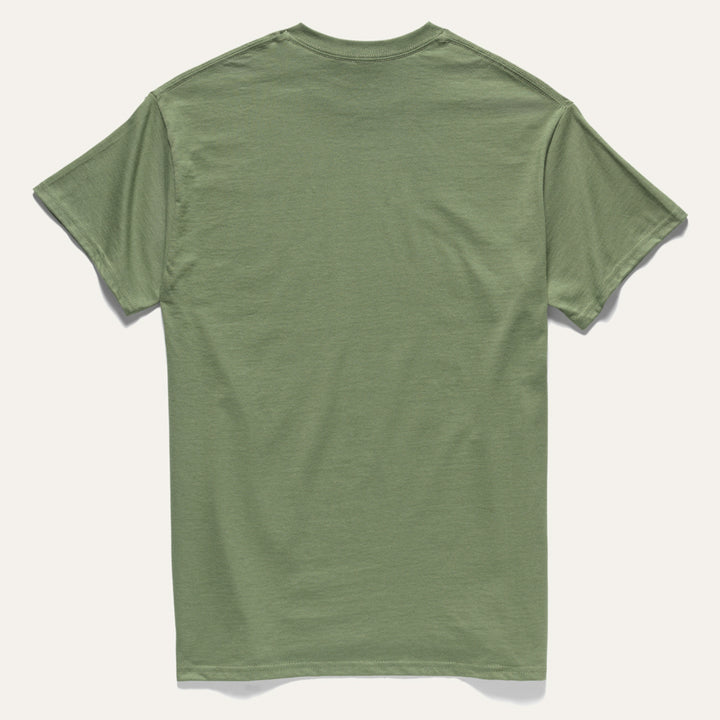Back of Green 100% all cotton t-shirt designed by Native American Ginew with keep calm and carry on text 