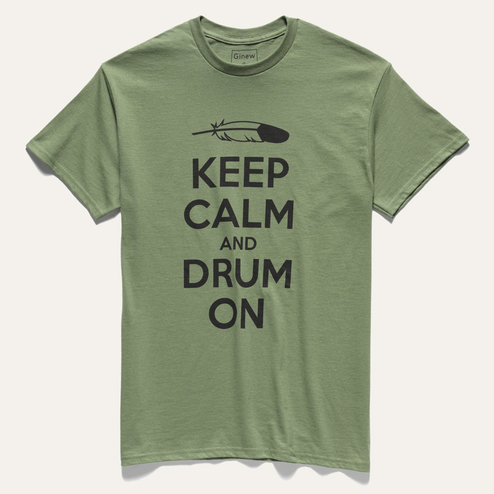 Green 100% all cotton t-shirt designed by Native American Ginew with keep calm and carry on text 