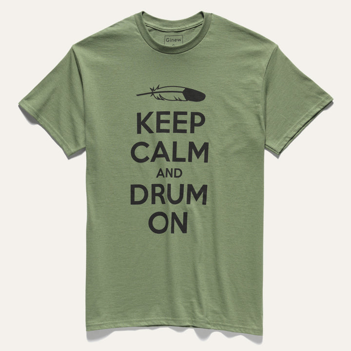 Green 100% all cotton t-shirt designed by Native American Ginew with keep calm and carry on text 