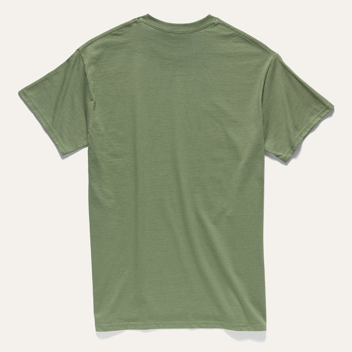 Back of Green and red 100% all cotton t-shirt designed by Native American Ginew with keep calm and carry on text 