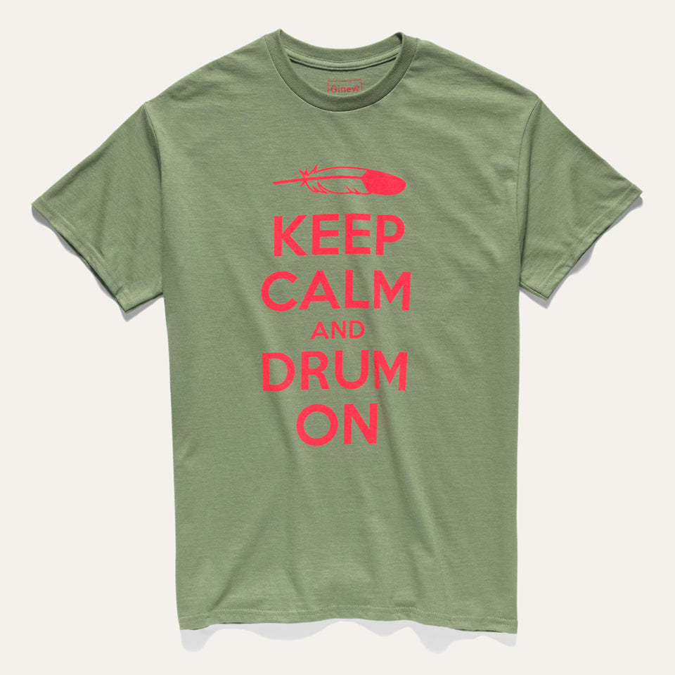 Green and red 100% all cotton t-shirt designed by Native American Ginew with keep calm and carry on text 