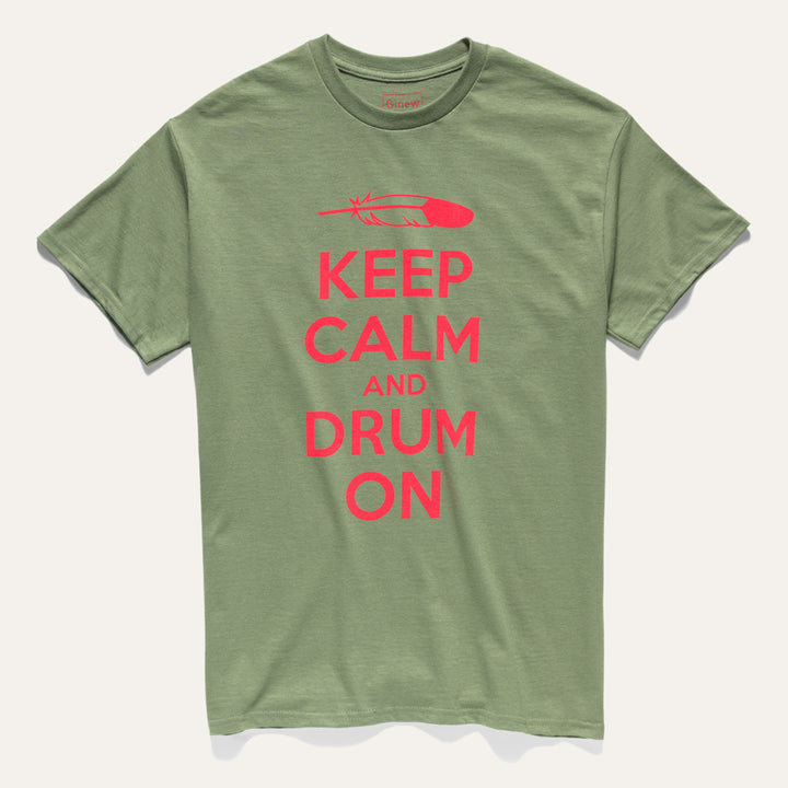 Green and red 100% all cotton t-shirt designed by Native American Ginew with keep calm and carry on text 