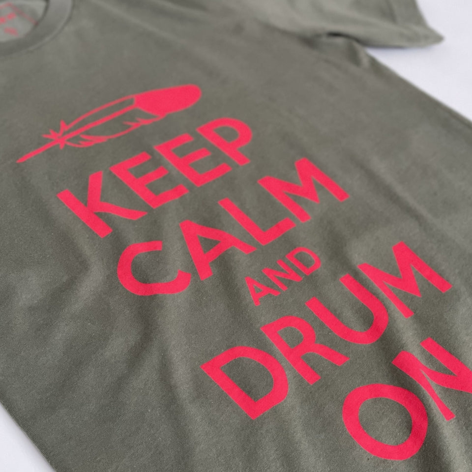 Made in USA Army green and red print cotton tee with words Keep Calm and Drum On