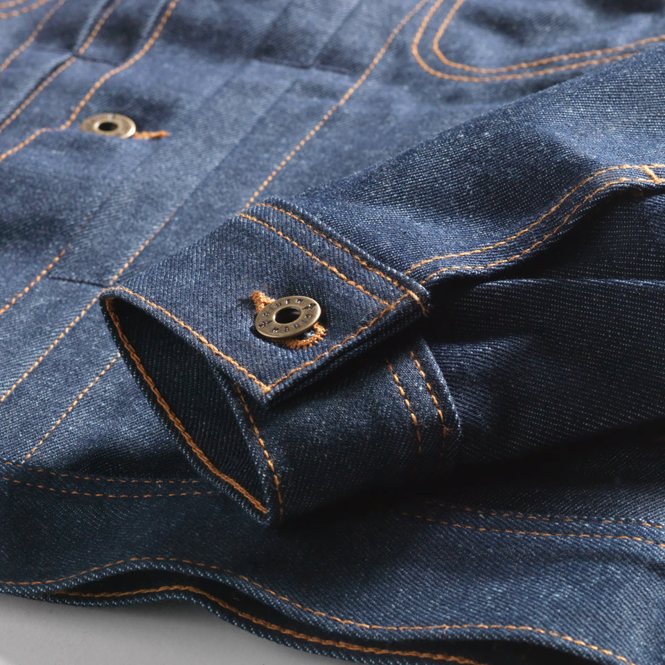Close up of cuff on Deadstock denim jacket from Ginew front view
