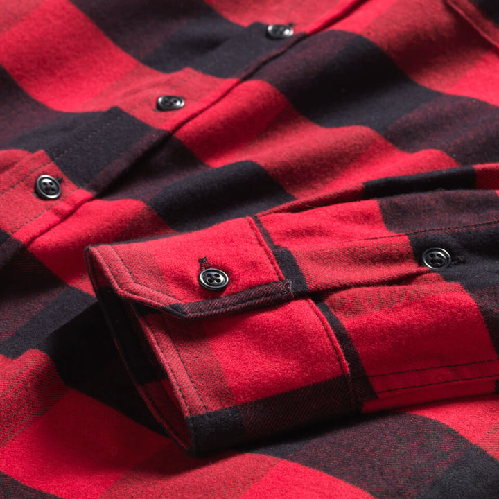 Flannel close up on All cotton buffalo plaid shirt made in USA by Ginew 
