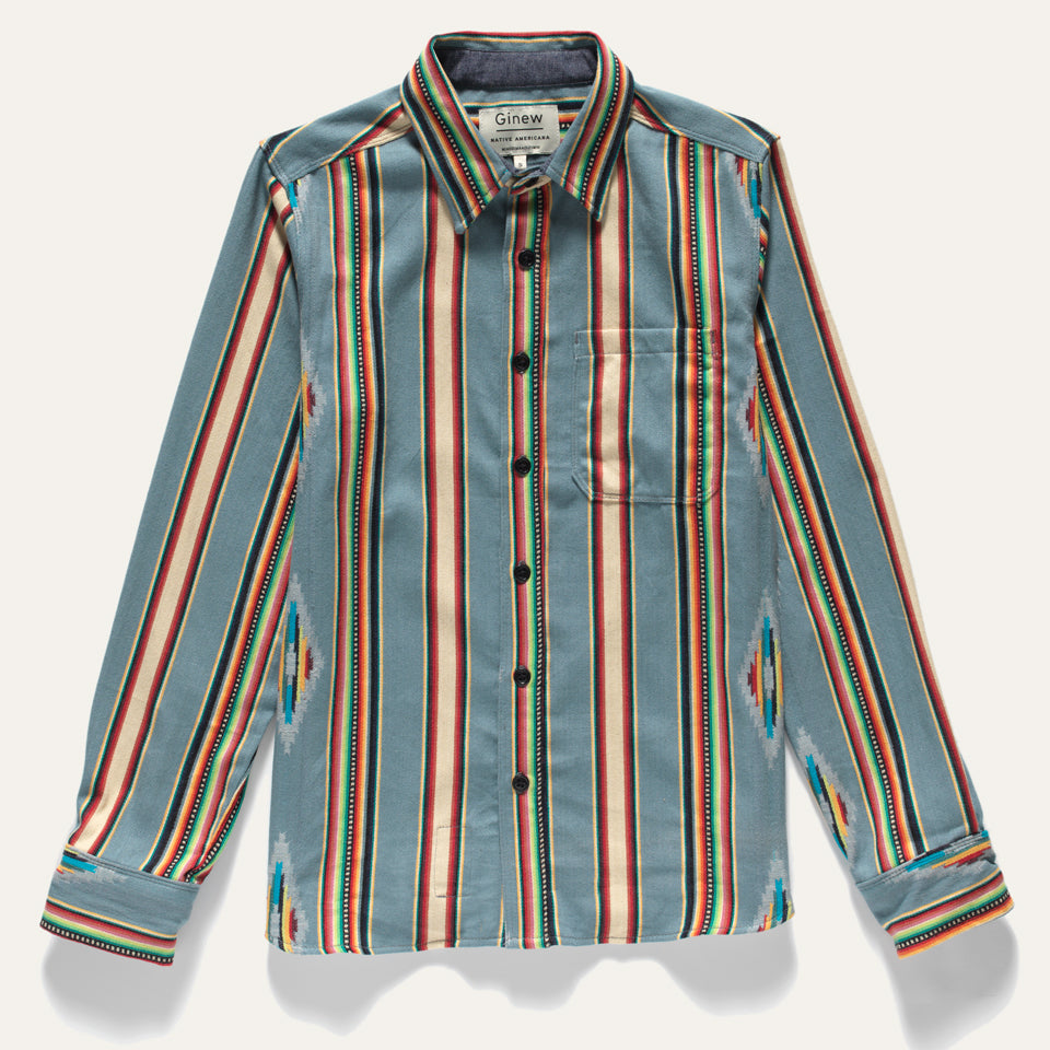 Ginew made in USA Mohican stripe shirt in gray, tan, red and green