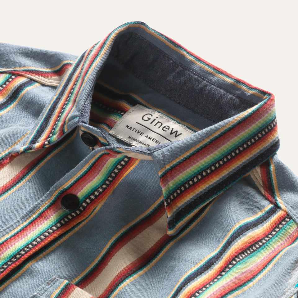 Close up of collar on Ginew made in USA Mohican stripe shirt in gray, tan, red and green