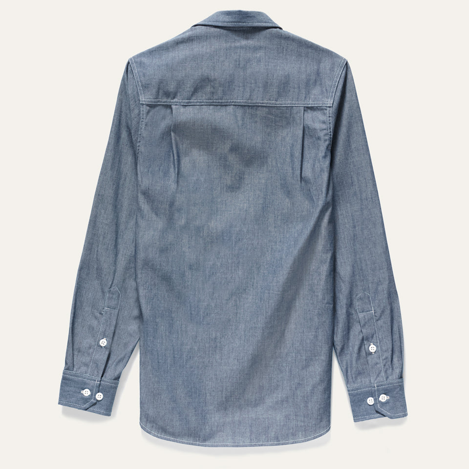 Back of Light blue cotton, 100% All cotton chambray shirt made in USA by Ginew tag.