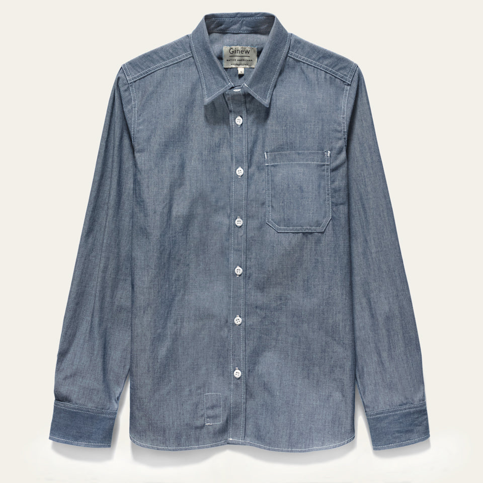 Front of Light blue cotton, 100% All cotton chambray shirt made in USA by Ginew tag.