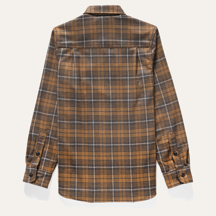 back of brown plaid wool shirt 