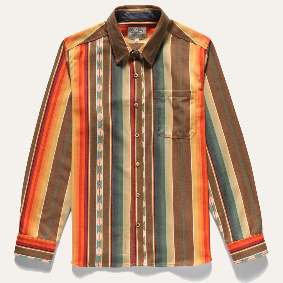 Brown, orange Native American stripe shirt in cotton made in USA by Ginew 