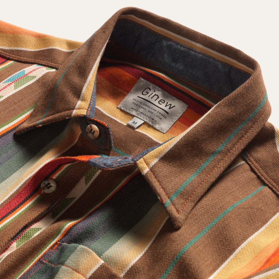 Collar of Brown, orange Native American stripe shirt in cotton made in USA by Ginew