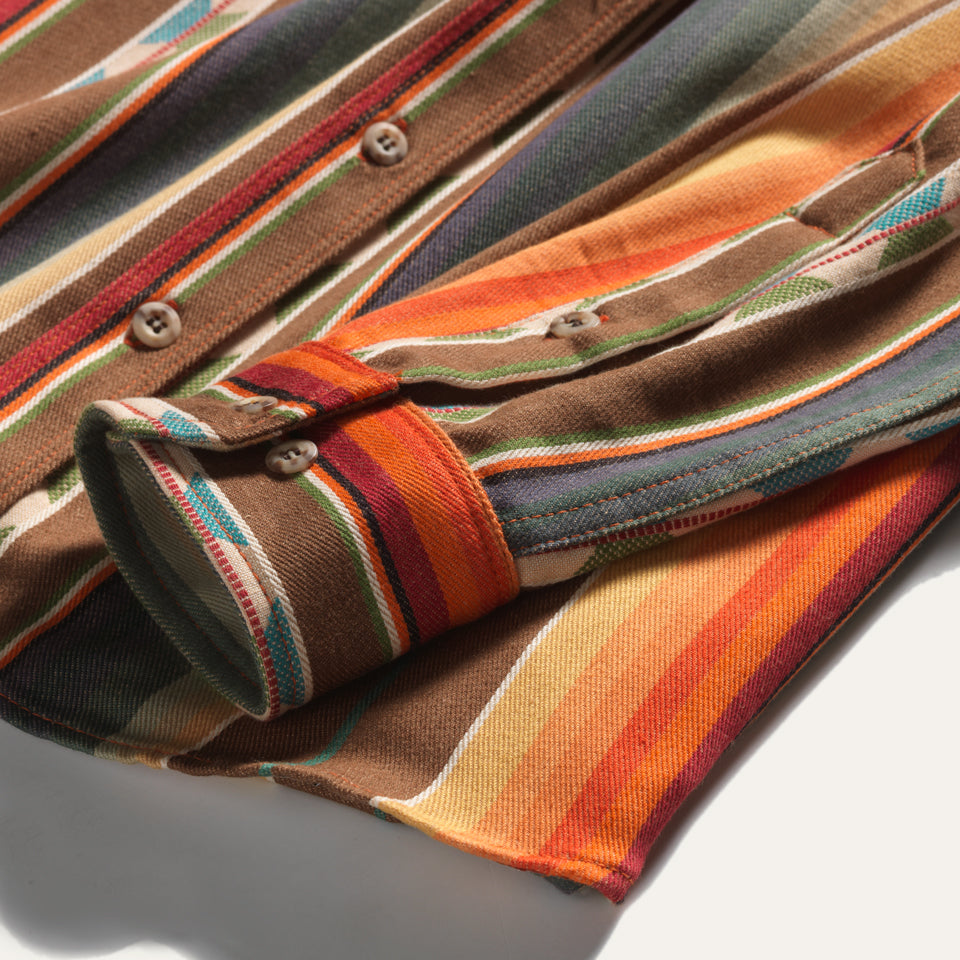 Sleeve close up on Brown, orange Native American stripe shirt in cotton made in USA by Ginew