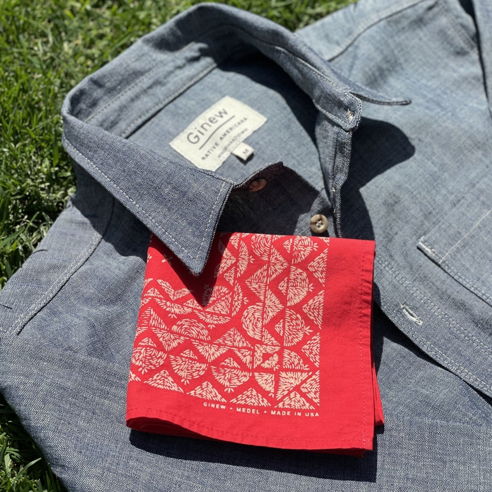 Dark Chambray all cotton button down made in USA with red hand printed bandana by Ginew 