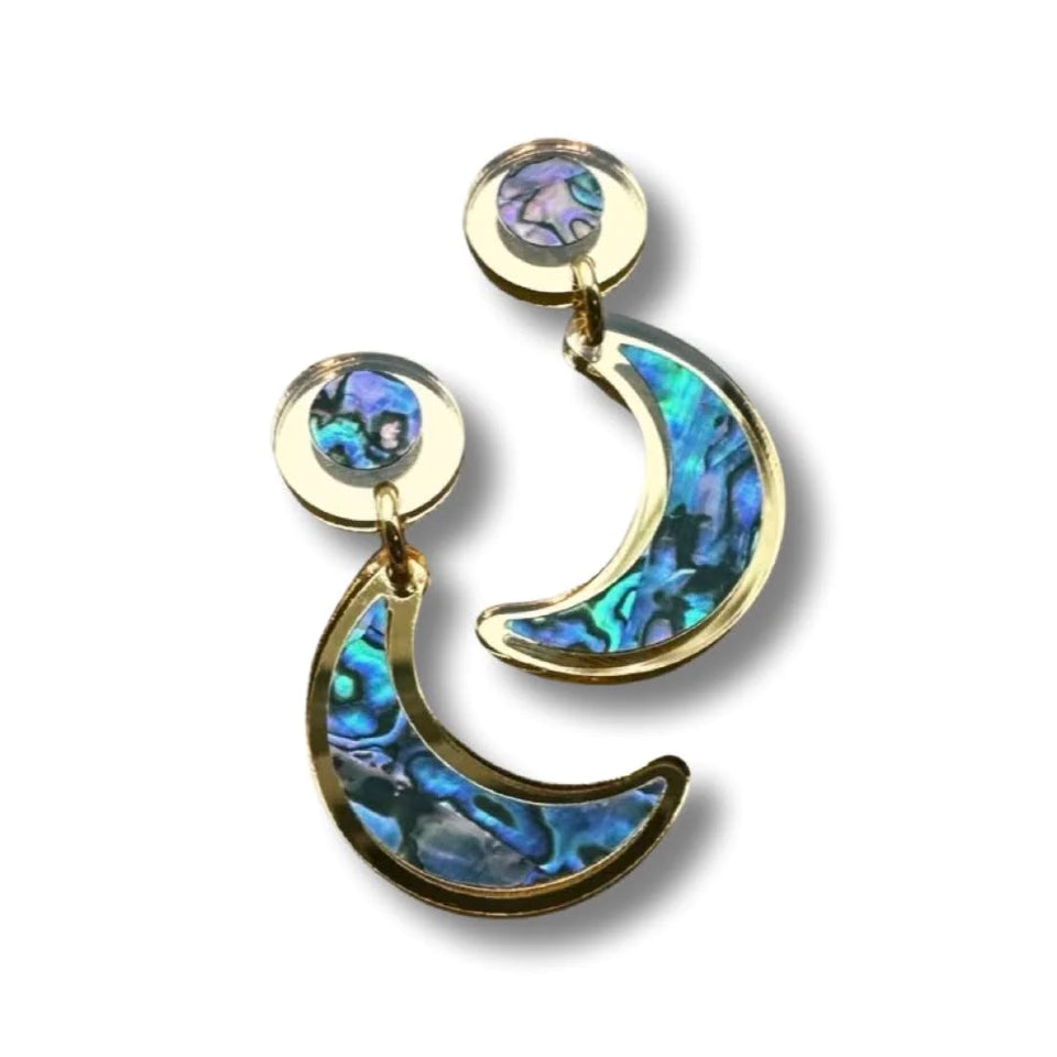 Nuci Moon Earrings with gold-like outer edge with colorful inner section of 