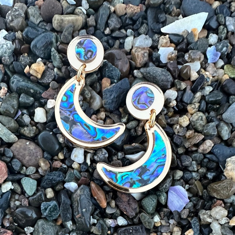 Nuci Moon earrings, Native American Indian made with gold-looking border and collorful interior 