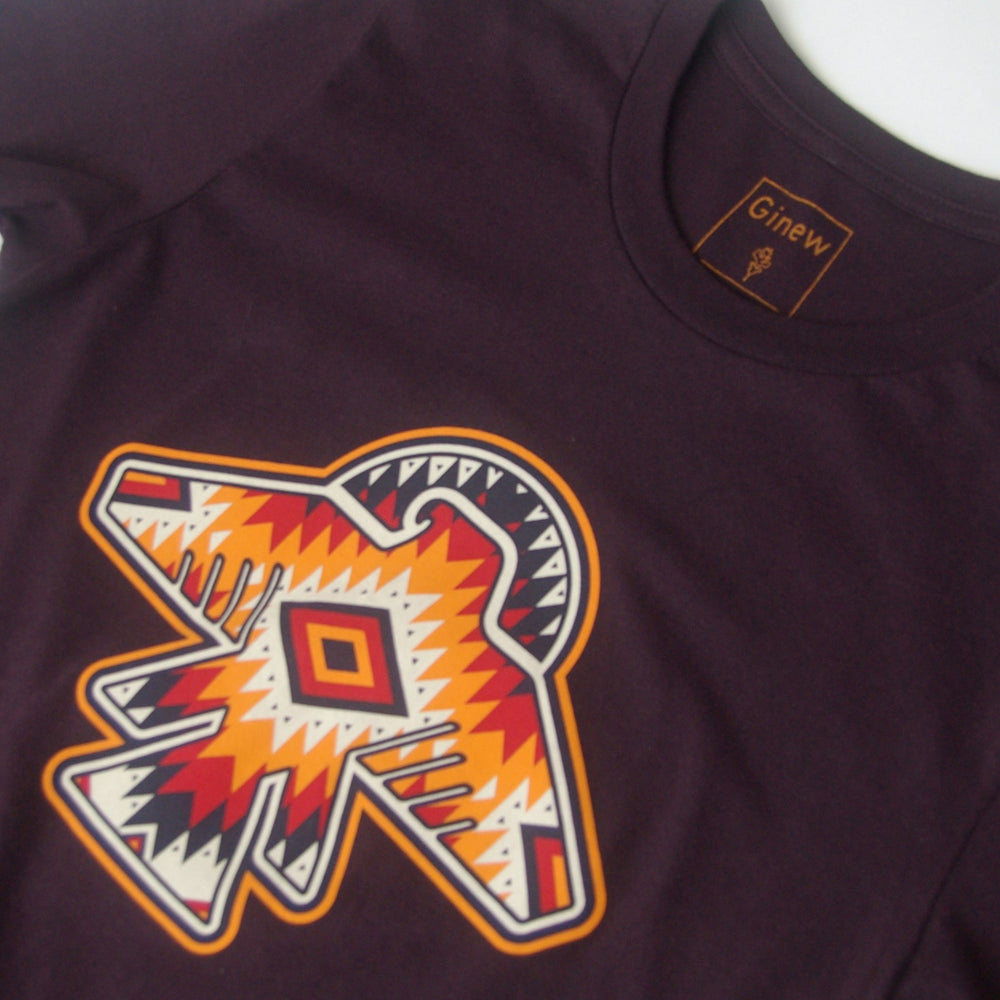 Native American cotton Thunderbird t-shirt in dark maroon purple with orange and yellow t-bird