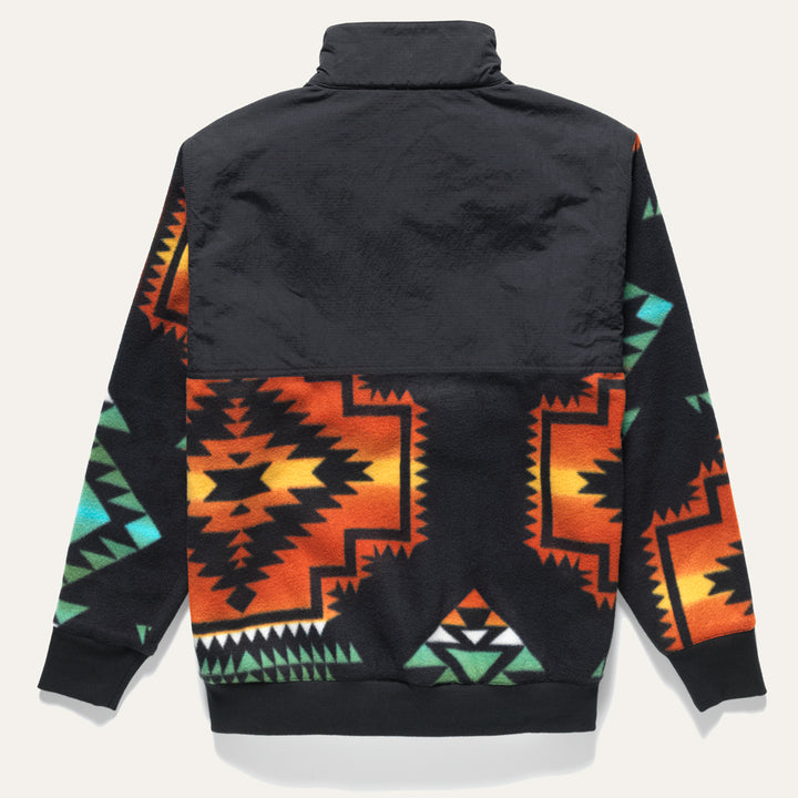 Back of Black popover pullover half zip jacket with Native Americana fleece design from Indigenous Ginew