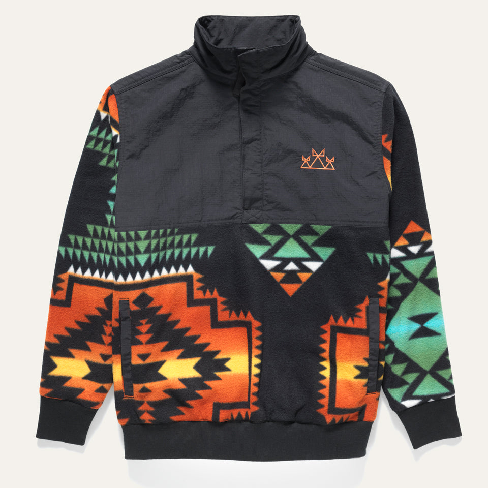 Black popover pullover half zip jacket with Native Americana fleece design from Indigenous Ginew