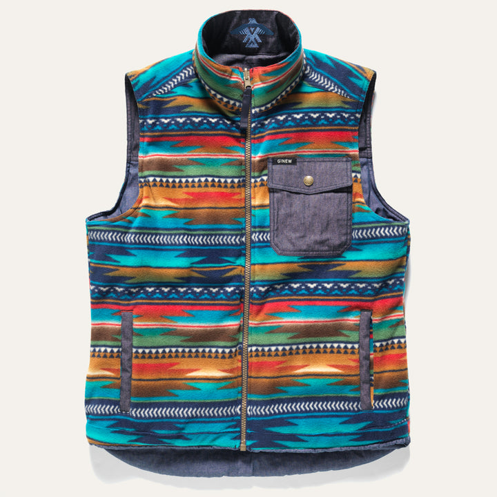 Colorful side of Reversible faux down beat in denim and fleece by Ginew 