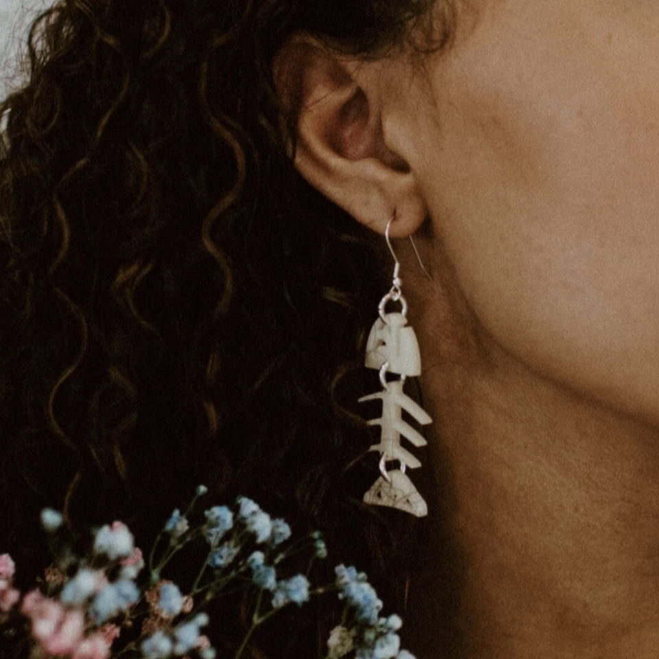 Ivory white salmon fish skeleton earrings Native American designed and made 